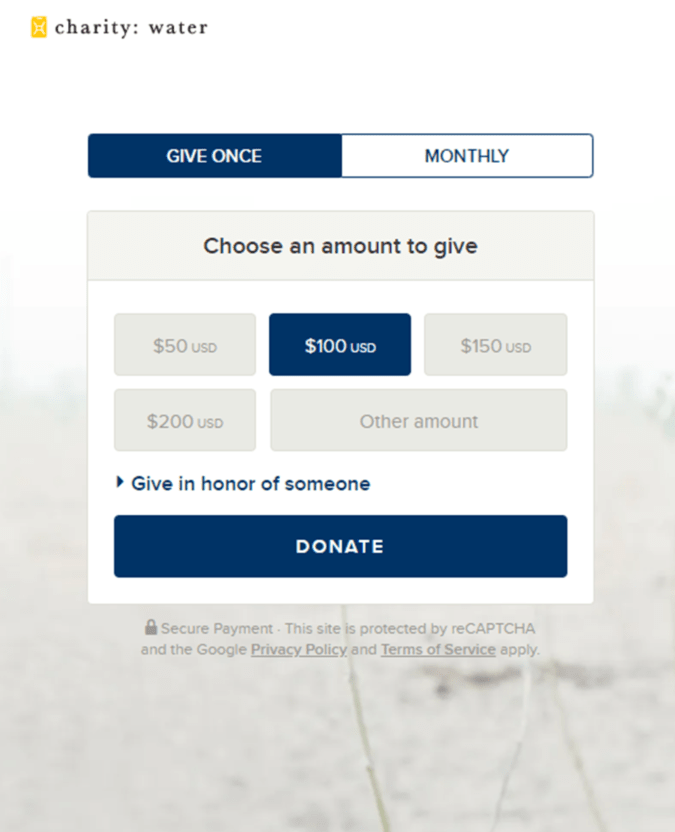 nonprofit website design charity water donation form