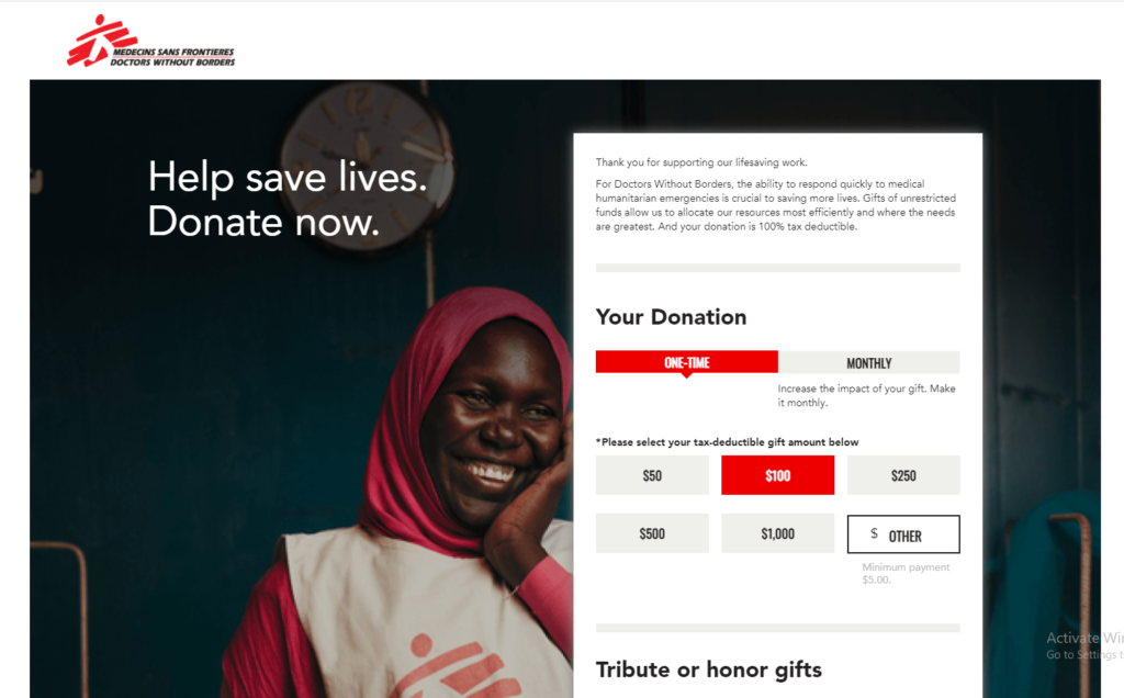 nonprofit website design doctors without borders donation form
