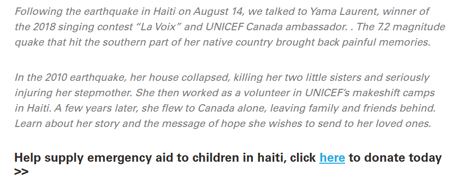 nonprofit website design UNICEF blogpost earthquake in Haiti