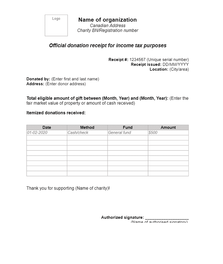 year end donation receipt template Canada