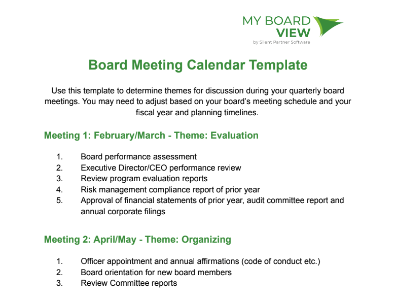 nonprofit board meeting calendar template