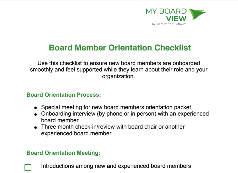 nonprofit board member orientation checklist template