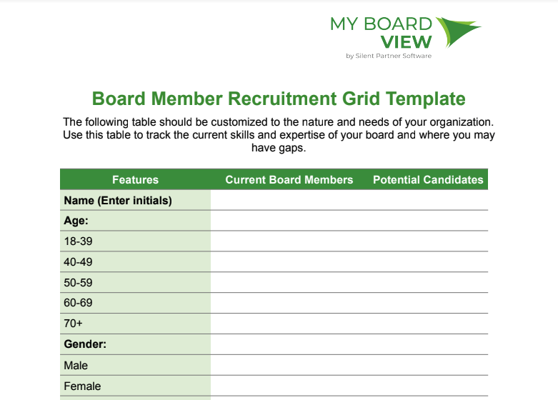 nonprofit board member recruitment grid template