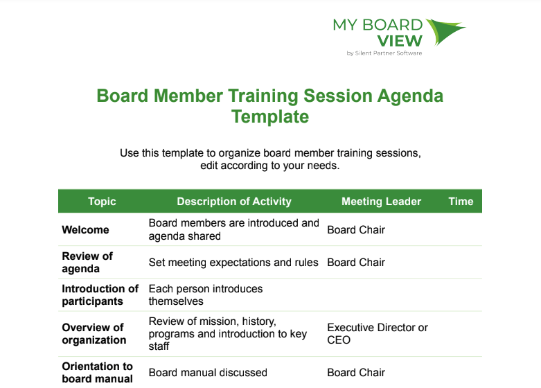 nonprofit board training agenda template